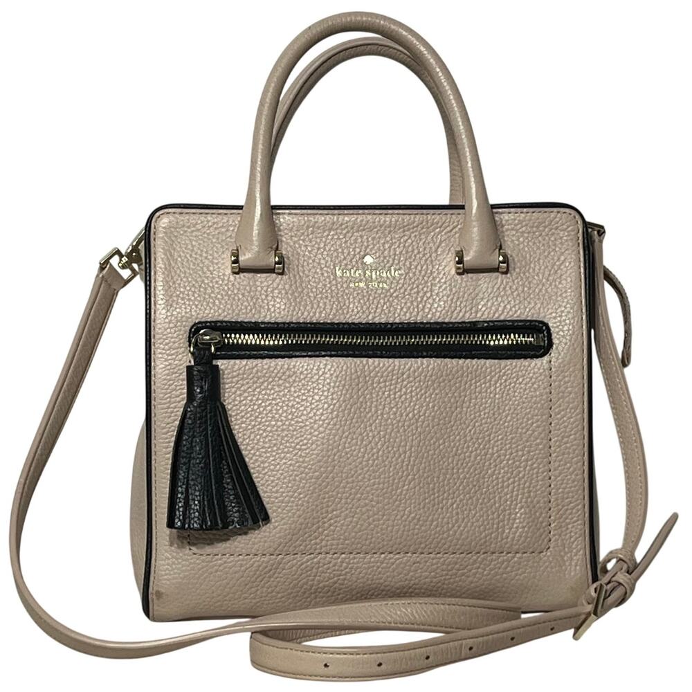 Kate Spade NY Beige Pebbled Leather Double Handle Zip Shoulder Bag Tassel